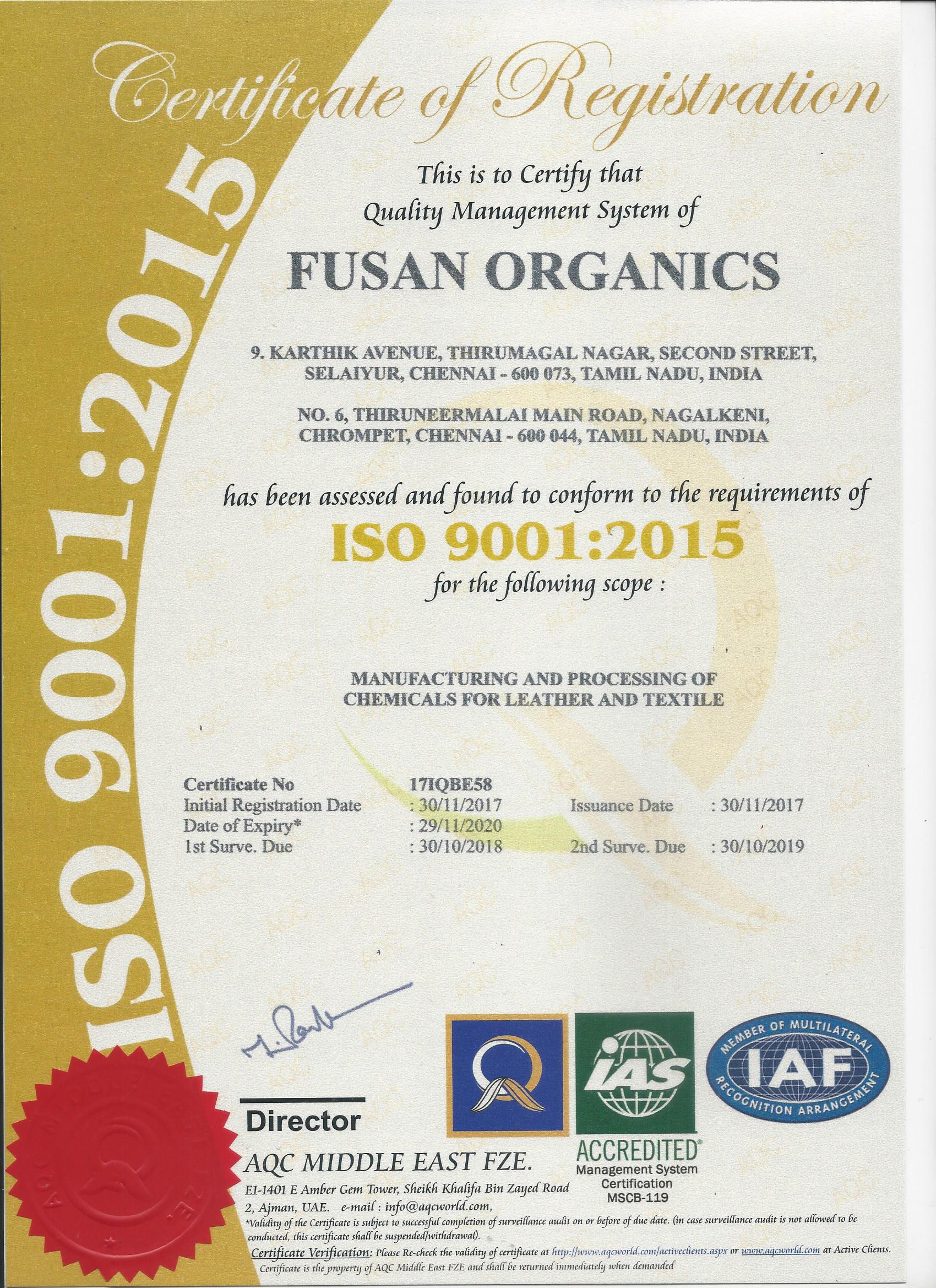 ISO 9001:2015 Certificate of Registration - Fusan Organics